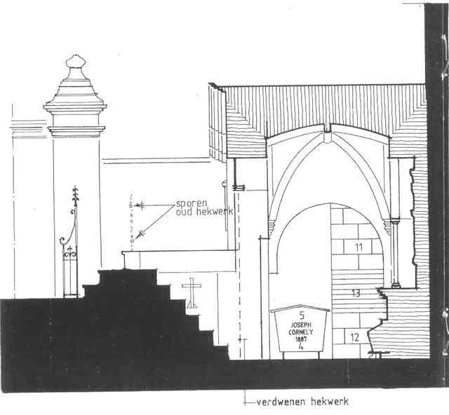 Interieur grafkapel met aanzicht oostwand op 8 juni 1999 (arch.groep Mertens)
