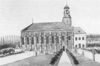 St. Gerlachuskerk met kerkhof omstreeks 1841 volgens een aquarel van Ph. van Gulden (RDMZ)