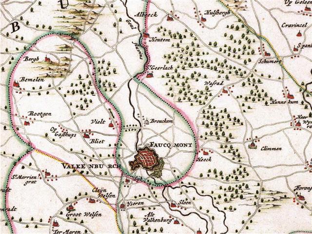 Deze kaart van het hertogdom Limburg werd vermoedelijk uitgegeven door Nicolaas Visscher I (1618-1679). 