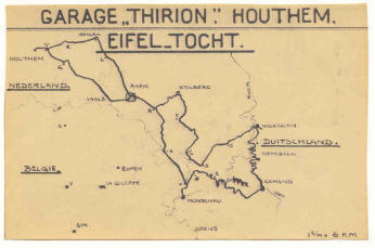 Routekaartje van de Eifeltocht van Houthem naar Aken, Monschau, Gemnd, Heimbach, Nideggen, Stolberg