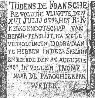 Opschrift op een van de mergelwanden in de onderaardse kapel te Geulhem