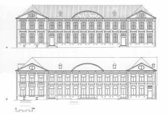 Oostfa�ade van de Proosdij zonder schoorstenen in 1713; b zonder schoorstenen en veranda omstreeks 1913